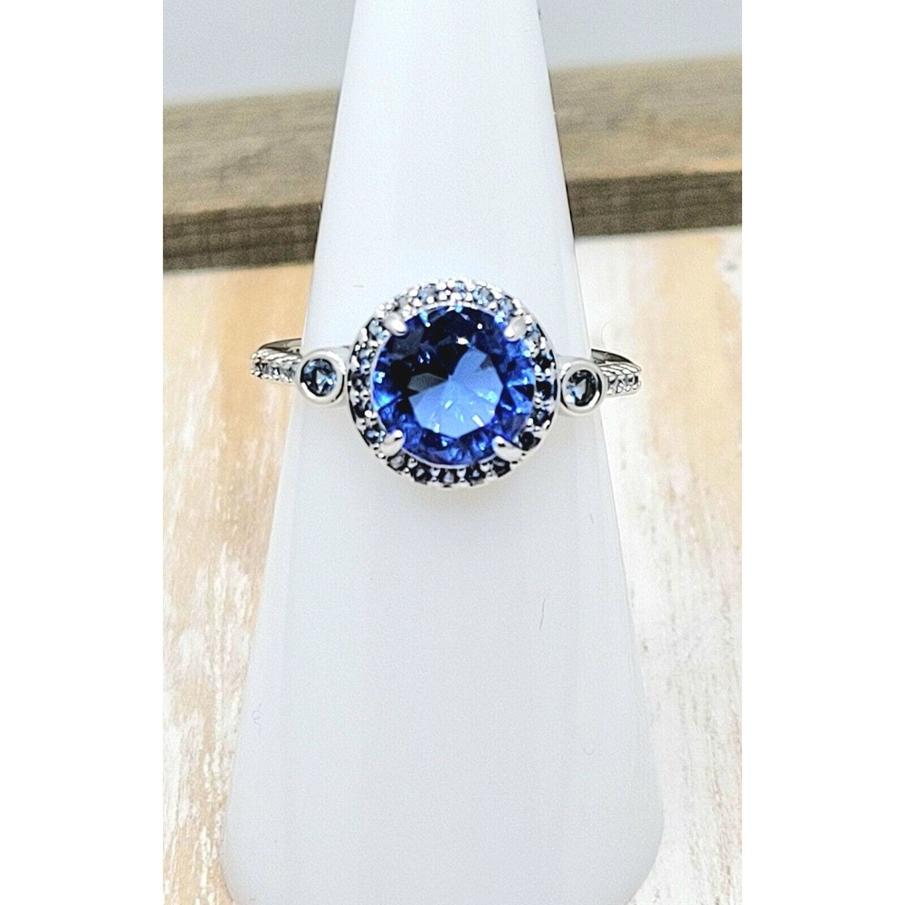 Lab created blue sapphire & aquamarine, Triple Plated Rhodium Size 6 RBP2146 - Picture 2 of 8